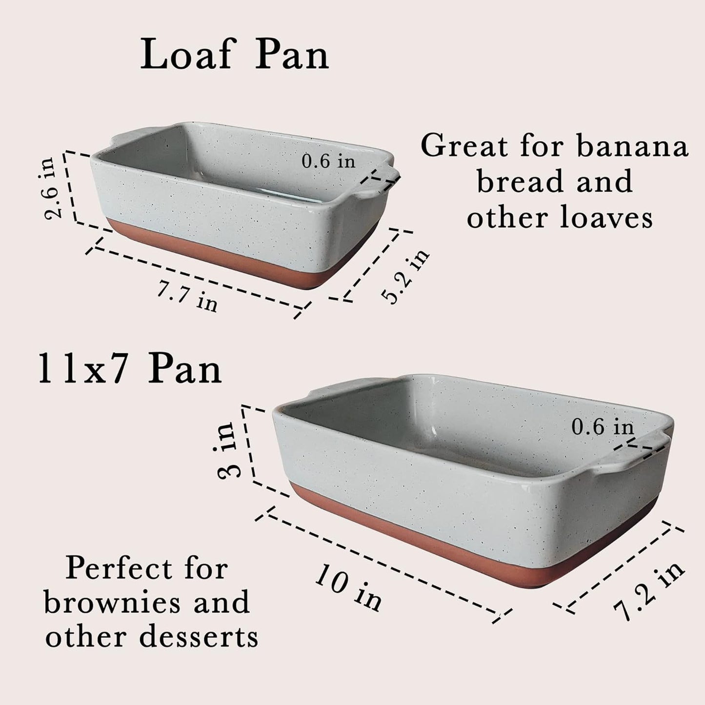 Mora Ceramic Set of 2 Baking Dishes For Casserole, Banana Bread, Brownies, Broiling, Roasting, and Baking. 7x11 in and Loaf Pans - Porcelain Serving Bakeware from Oven to Table. Freezer Safe - Grey