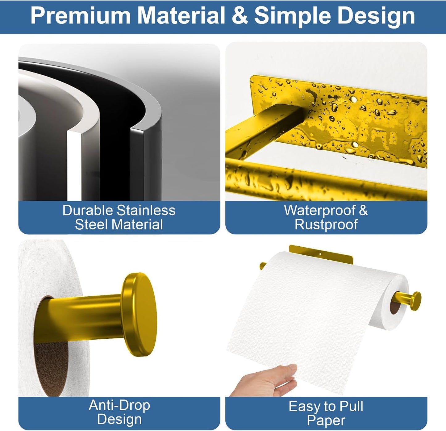 Paper Towel Holder Under Cabinet, Upgraded Adhesive Paper Towel Holder Wall Mount for Kitchen, Bathroom, RV, Bend-Resistant, Self-Adhesive or Drill mounting, Stainless Steel, Gold