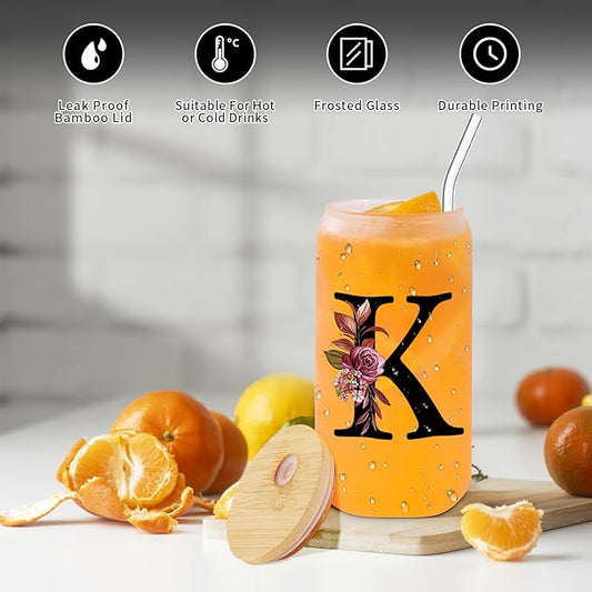 Monogrammed Glass Drinking Cup With Lid Straw Mother Day Best Mama Mom Ever from Daughter Son Christmas Xmas Valentines Birthday Groom Gifts Bride Mother In Law Personalized Unique Special Present,K