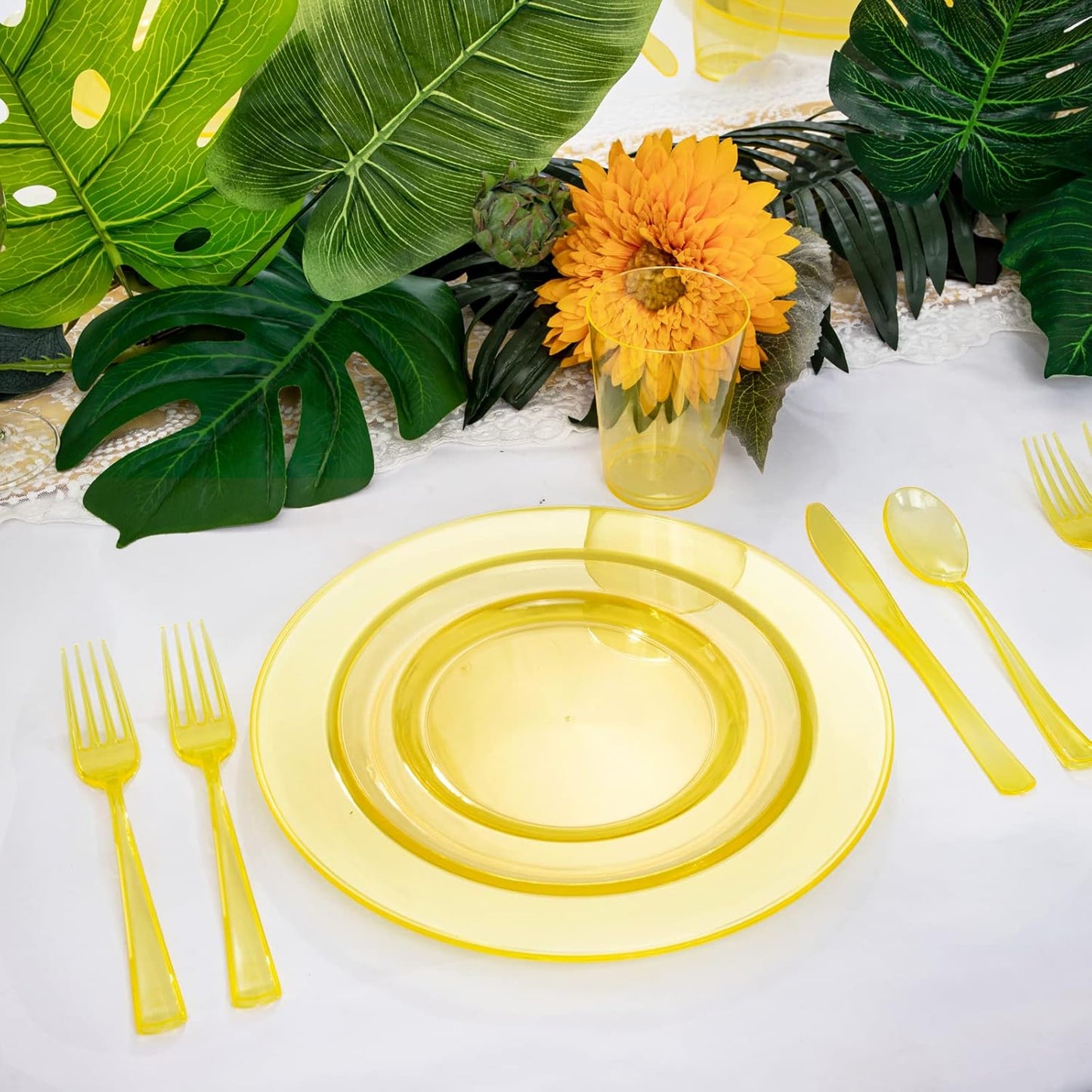 WDF 25 Guest Yellow Plastic Plates -50 Neon Clear Yellow Plates 25Forks, 25Knives,25 Spoons,25Cups for Summer