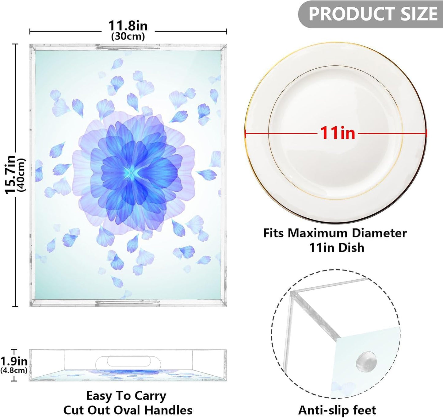 Acrylic Serving Tray with Handles Spill Proof Kitchen Storage Tray Clear Decorative Tray Makeup Drawer Organizer Storage Tray for Bathroom Living Room Ottoman 15.7x11.8Inches