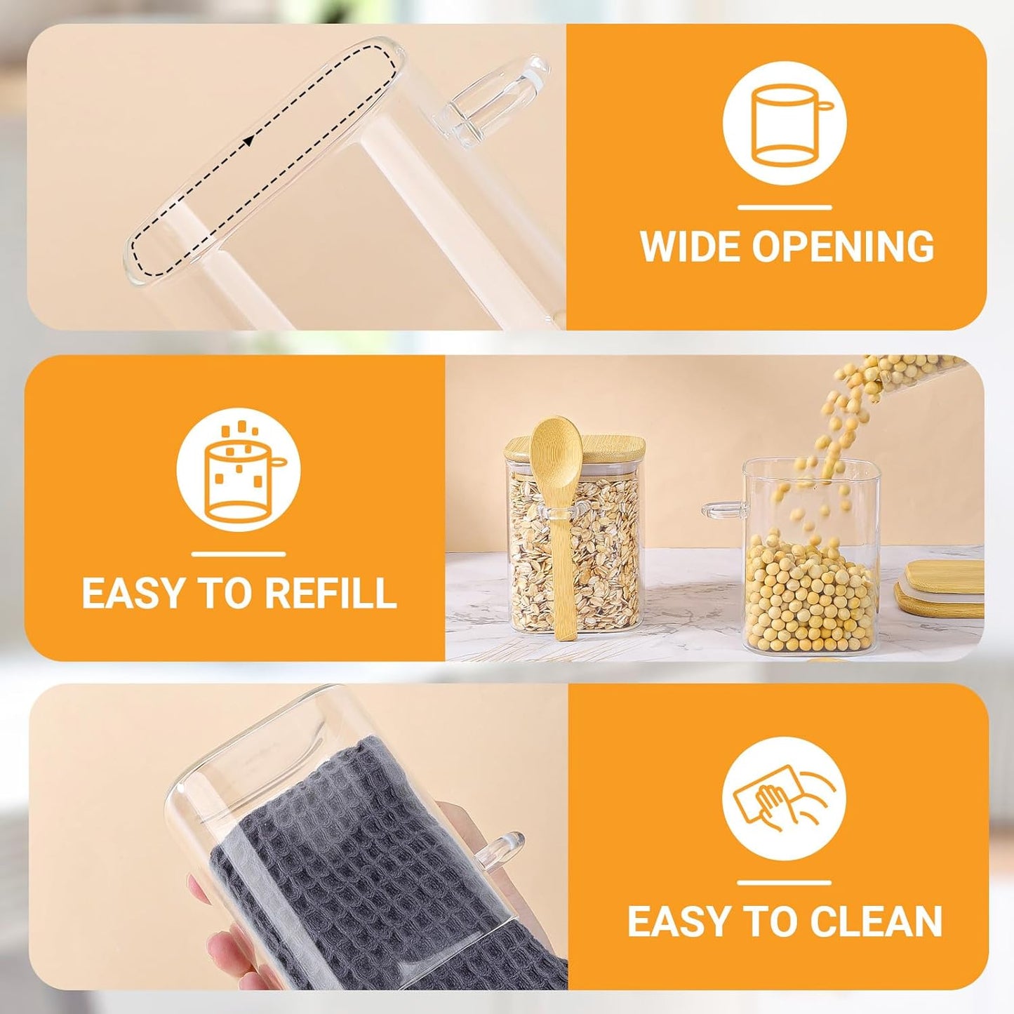 Glass Jars with Bamboo Lids Set of 4, 15 Fl.oz Square Glass Storage Jars with Airtight Lid and Spoon, Stackable Kitchen Food Canister Pantry Container for Spice, Tea, Cookie, Coffee and Sugar