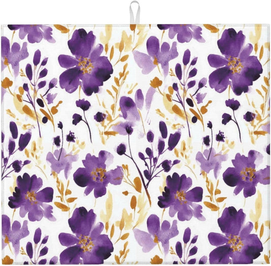 Purple Gold Watercolor Floral Dish Drying Mats for Kitchen Counter & Sink, Absorbent Microfiber Drying Pad for Dishes, Washable Foldable Romantic Kitchen Mat for Dining Area & Home Decor, 16" x 18"