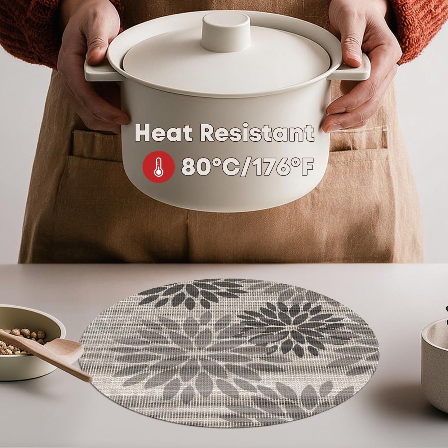 Artoid Mode Gray Dahlia Plastic Round Placemats Set of 4, 14 Inch Seasonal Wipeable Woven Vinyl Table Mats for Farmhouse Party Kitchen Dining Decor