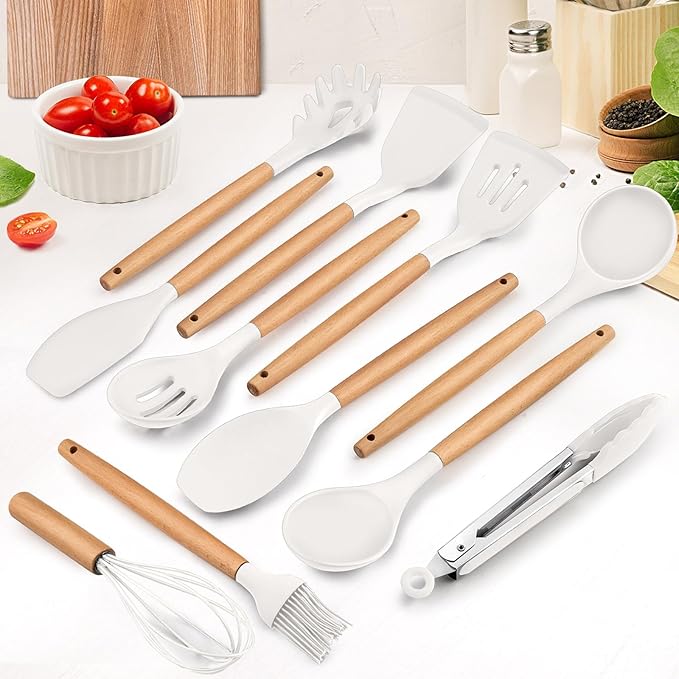 E-far Kitchen Utensils Set of 12, Silicone Cooking Utensils with Holder, Non-stick Cookware Friendly & Heat Resistant, Includes Spatula Tong Whisk Ladle Brush Slotted Turner Spoon (White)