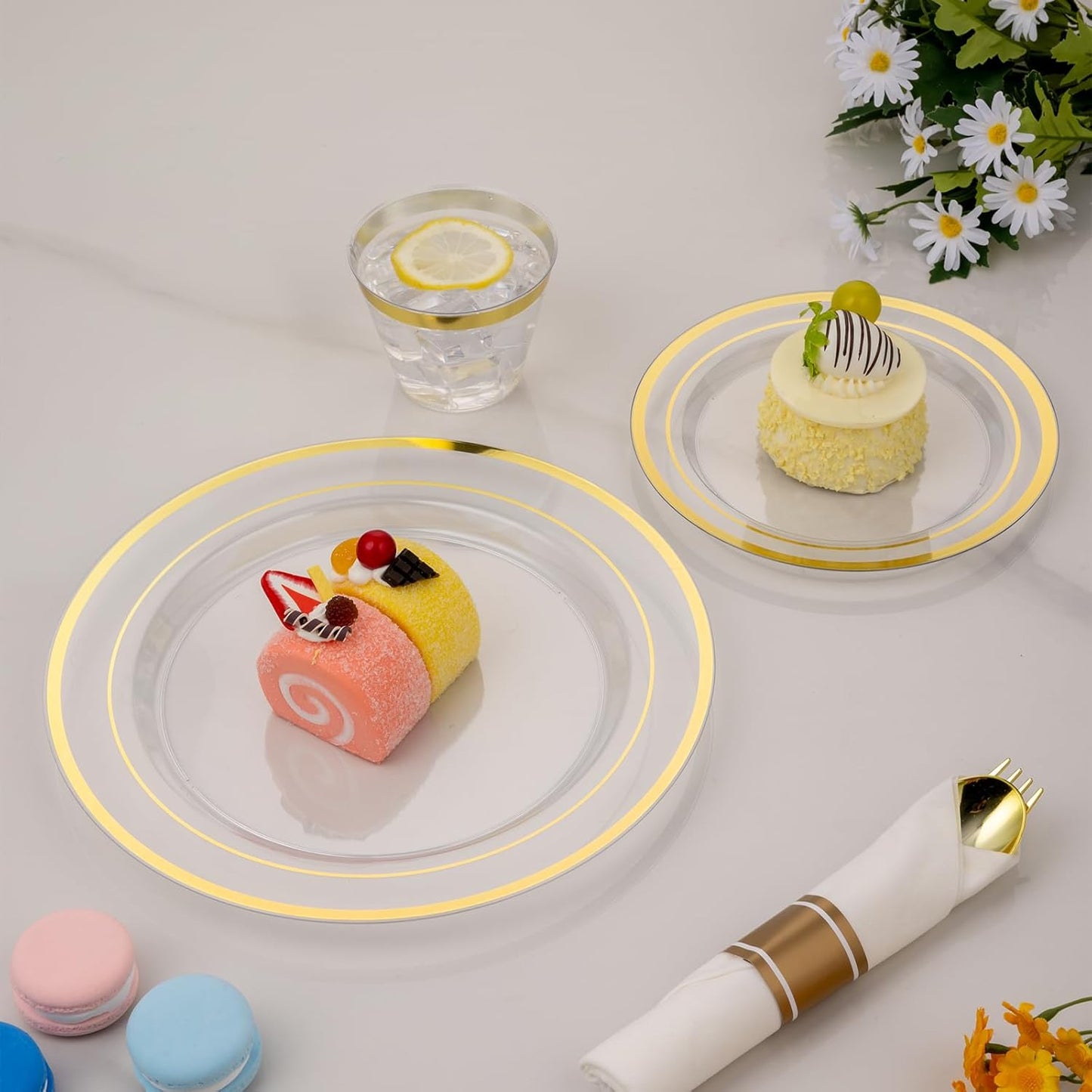 350 PCS Transparent Base With Gold Edge Plastic Dinnerware Set for 50 Guests, 100 Plates for Party, 50 Pre Rolled Napkins with Gold Silverware, 50 Cups