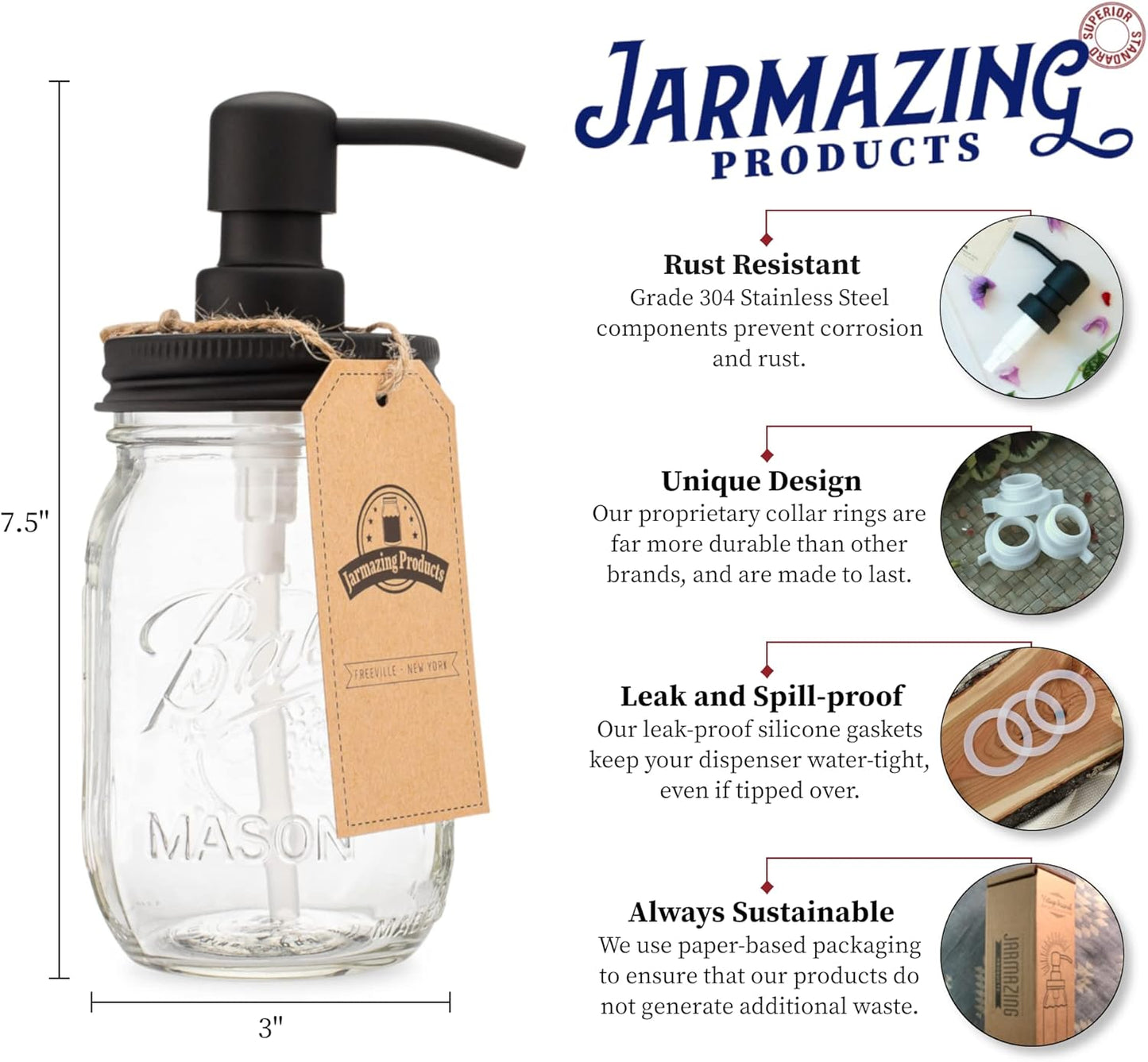 Jarmazing Products Mason Jar Soap Dispenser - Black - 16 oz Ball Mason Jar Liquid Dispenser for Kitchen & Bathroom - Glass - Kitchen Soap Dispenser with Rust Proof Stainless Steel Pump & Lid