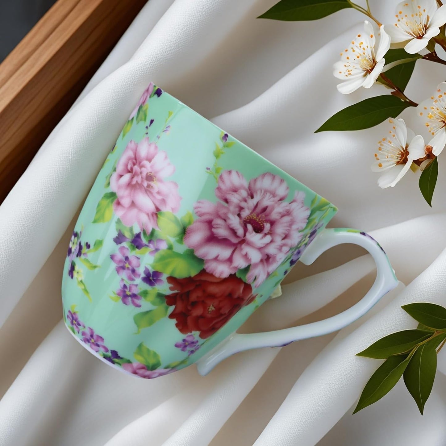14oz Cute Coffee Mugs for Women Cute Mugs Bone China Floral Coffee Mug Teacups for Mom Women Birthday Gifts Christmas Gifts