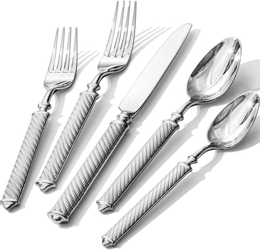 KINGSTONE Retro Rope-Pattern Silverware Set, 30-Piece Flatware Set Cutlery Set Forged with Handcrafted Texture Handles 18/10 Stainless Steel, Dishwasher Safe