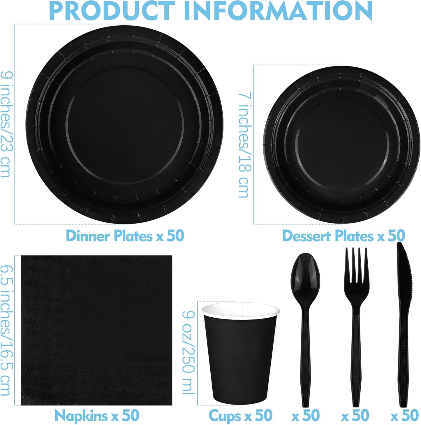 durony 350 Pieces Black Paper Dinnerware Set 7 Inch 9 Inch Disposable Dinner Plates Serve 50 Guests Paper Cup Cutlery Napkins Solid Color Party Supplies for Birthday Wedding Party Family Picnic