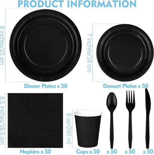 durony 350 Pieces Black Paper Dinnerware Set 7 Inch 9 Inch Disposable Dinner Plates Serve 50 Guests Paper Cup Cutlery Napkins Solid Color Party Supplies for Birthday Wedding Party Family Picnic