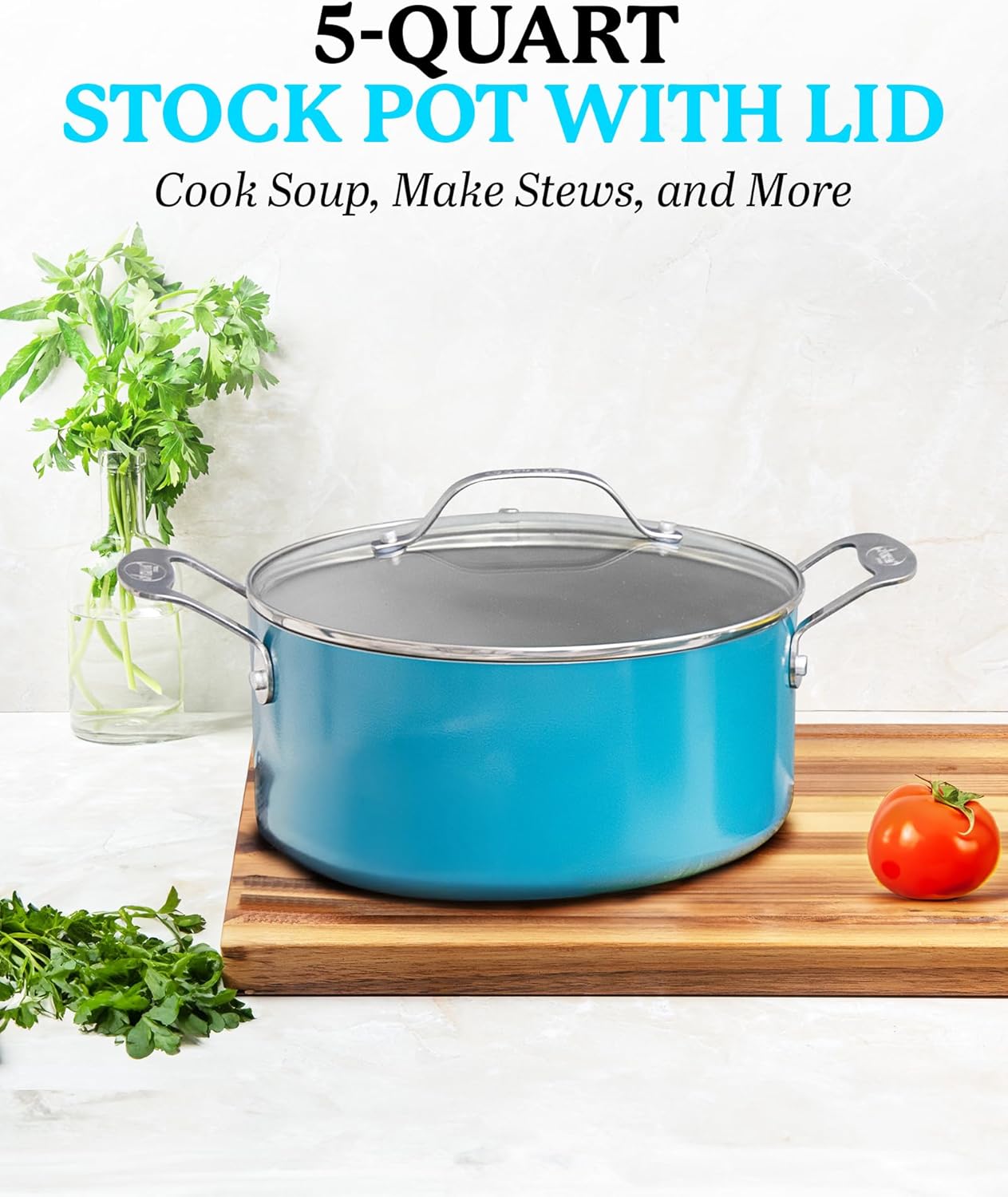 GOTHAM STEEL Nonstick Multipurpose 5 Quart Stock Pot with Glass Lid, Aqua Blue Ceramic Pot for Cooking, Non Stick Pots/Soup Pot with Lid, Nonstick Pot, Ollas, Oven and Dishwasher Safe, Non-Toxic