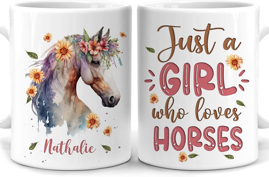 Hyturtle Personalized Gifts Horse Lover - Just A Girl Who Loves Horses Custom Name Ceramic Coffee Mug Cup 11oz - Idea Cute Animal Lover Gifts For Women, Girl Daughter On Birthday, Christmas