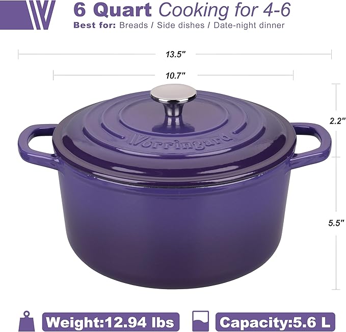 Enameled Cast Iron Dutch Oven Pot with Lid, for Sourdough Bread Baking, Round Dutch Ovens, 6 Quart, Purple