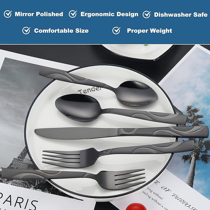 60 Pieces Black Silverware Set, Heavy Duty 430 Stainless Steel Flatware Utensils, Cutlery Set Service for 12 Including Fork Spoon and Knife, Dishwasher Safe