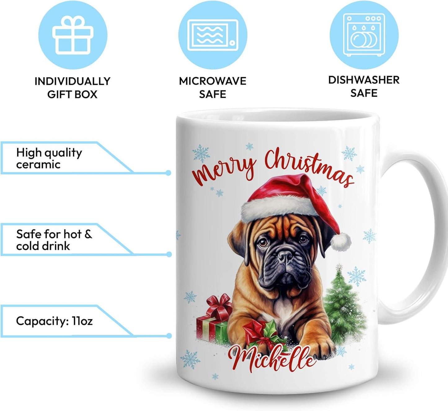Hyturtle Personalized Gifts Dog Lover - Boxer Merry Christmas Custom Name Ceramic Coffee Mug Cup 11oz - Cute Animal Lovers Gifts For Women, Girl kids Family On Birthday, Christmas