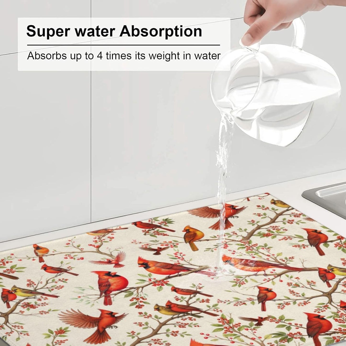 Red Cardinal Bird Floral Dish Drying Mats for Kitchen Counter & Sink, Absorbent Microfiber Cardinal Drying Pad for Dishes, 18" x 24" Foldable Kitchen Mat for Dining Area, Christmas Gifts, Home Decor