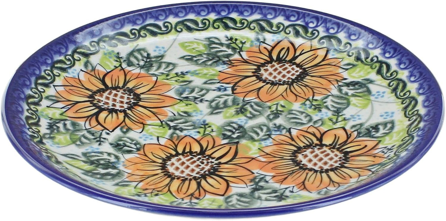 Blue Rose Polish Pottery - Orange Sunflower Splendor Dessert Plate - 7.5" Diameter - Beautiful Plate for Cake, Appetizers, or Snacks