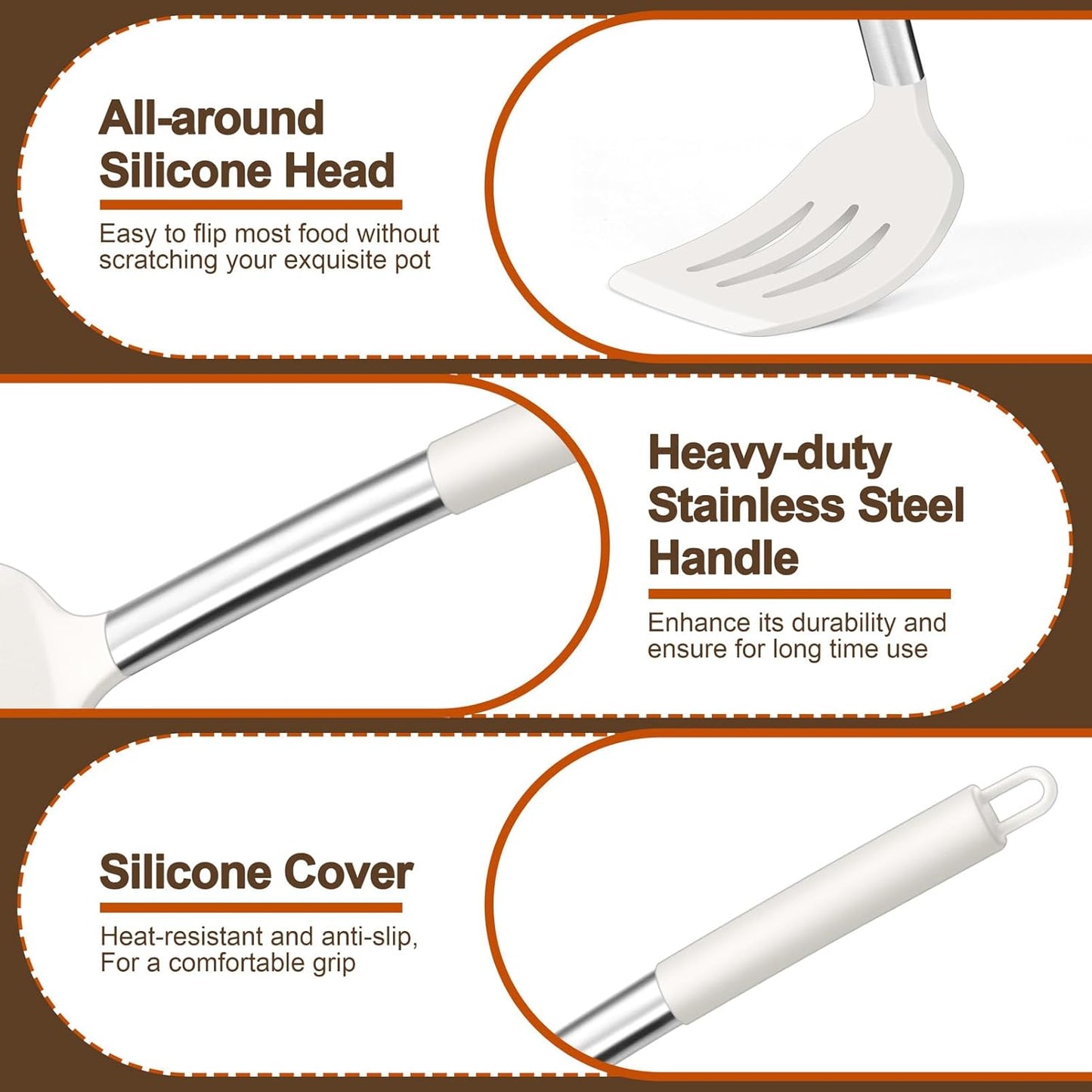 P&P CHEF White Kitchen Cooking Utensil Set of 4, Silicone Solid Spatulas Slotted Spoons Turners for Non-stick Cookware Flipping Mixing, Heat-proof