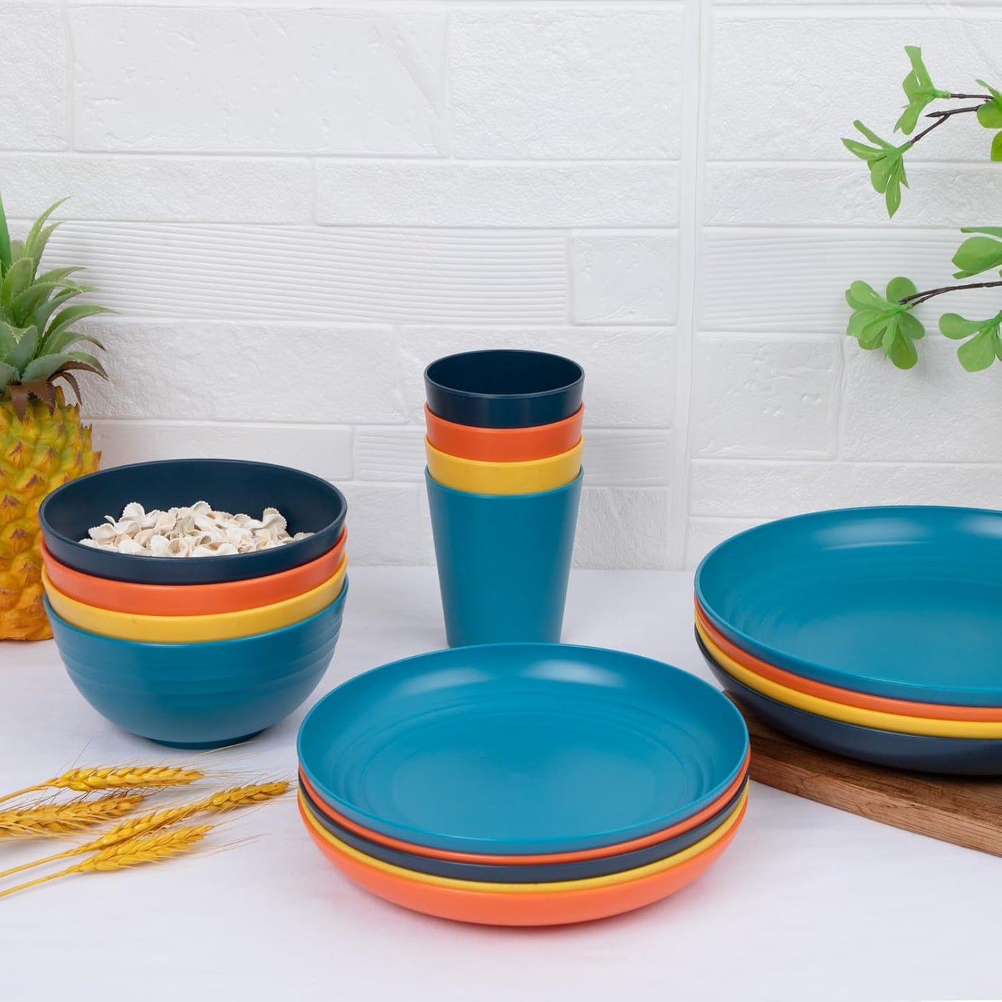 LIYH 48 Pcs Wheat Straw Dinnerware Plates and Bowls Set Dishwasher Safe Unbreakable Light Weight Plates Service for 12 Reusable Multicolor Dinnerware Set Dish Sets 24 Plate 12 Bowl 12 Cup