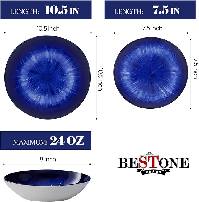 Bestone Porcelain Dinnerware Sets Service for 4, 12 pcs Hand drawn Plates and Bowls Sets, Handmade Ceramic Dish Set, Chip Resistant Modern Plate Set, Dishwasher/Microwave Safe，Dark Blue