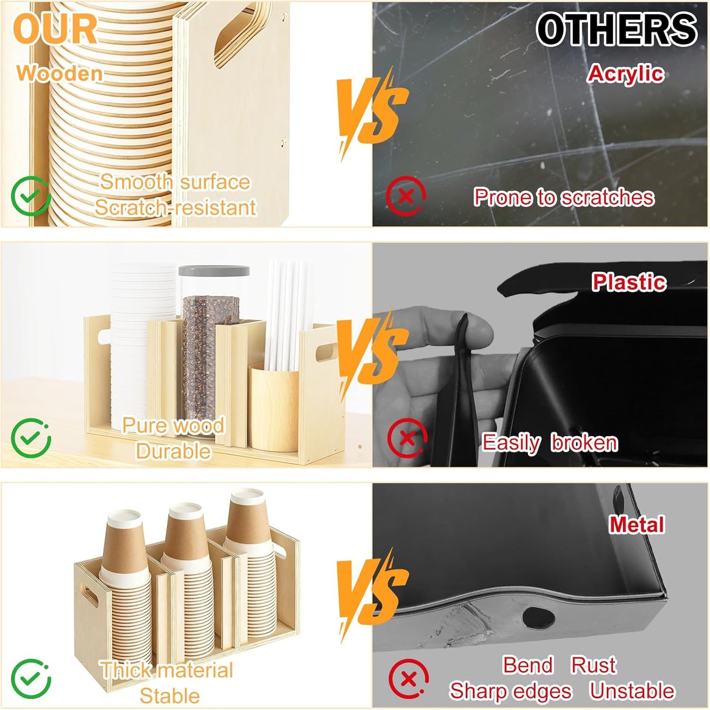 Wood Cup Lid Organizer 3 Compartments with Adjustable Dividers for Counter Wall Mount Disposable Cup and Lid Storage Kitchen Restaurants Fast Food Coffee Shop Supplies (15”W x 7”H x 4.7”D)