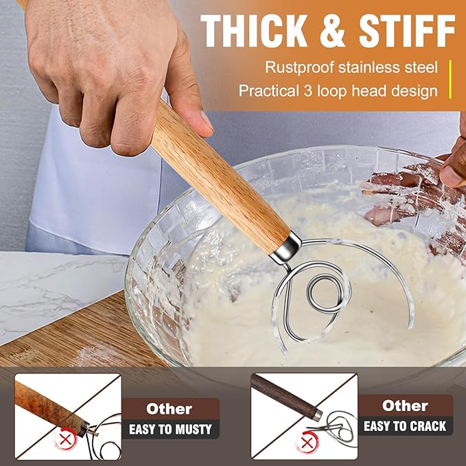 Walfos Wood Danish Dough Whisk, Wooden Sourdough Mixer With Stainless Steel Ring, Kitchen Hand Bread Whisking Tool for Cake, Pizza, Pastry, Biscuits