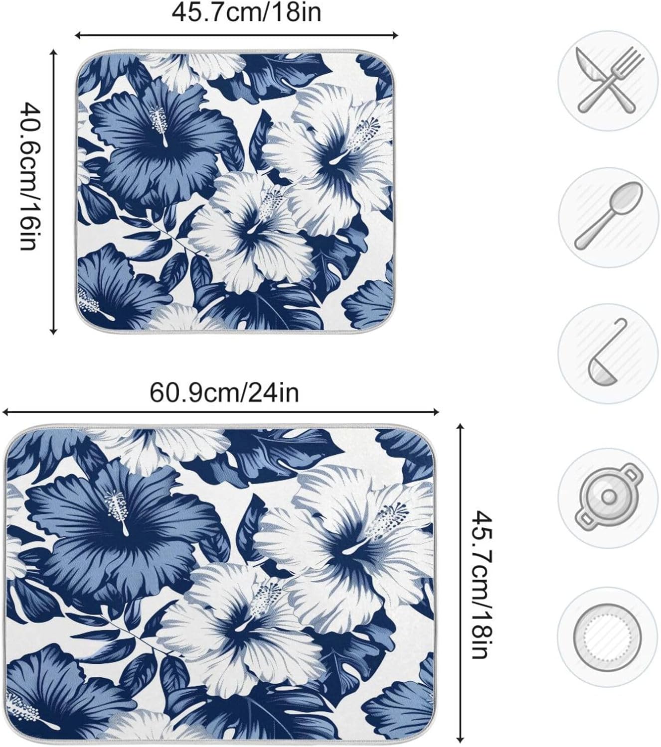 Blue White Hibiscus Flowers Dish Drying Mat for Kitchen Counter Super Absorbent Dishes Pad Reversible Microfiber Protector Dish Draining Mats 16x18 inch