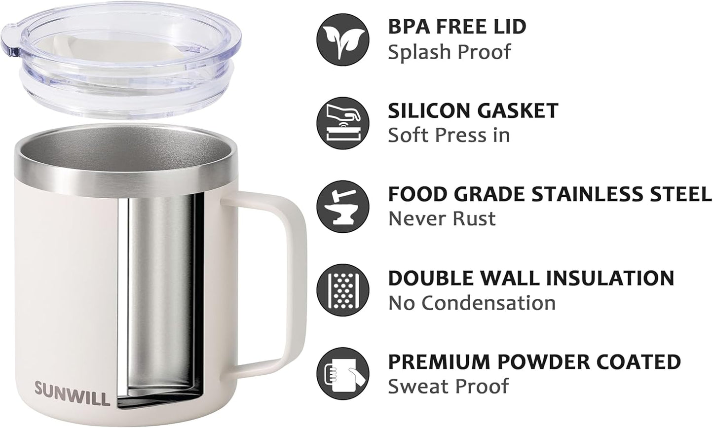 SUNWILL Travel Coffee Mug with Lid, Insulated Tumbler with Handle, 14 oz Stainless Steel Cup for Home, Office, Camping, Powder Coated Cream