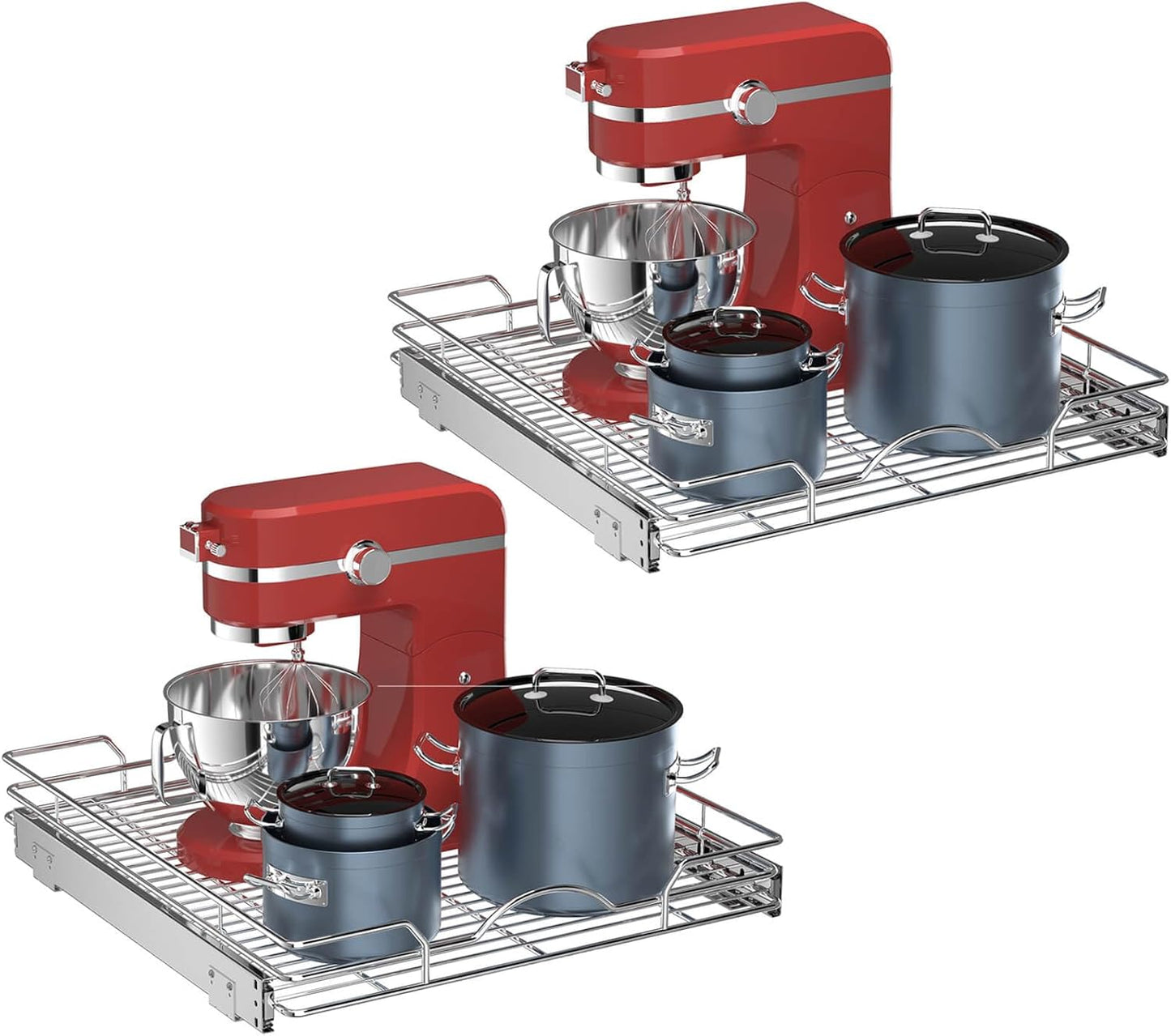 OCG Pull Out Cabinet Organizer 2 Pack (21" W x 21" D), Pull out Shelves 1 Tier, Cabinet Slide Out Shelves for Base Cabinet Organization in Kitchen Bathroom Pantry, Bottom Mount, Chrome Finish