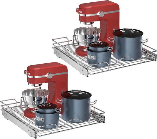 OCG Pull Out Cabinet Organizer 2 Pack (21" W x 21" D), Pull out Shelves 1 Tier, Cabinet Slide Out Shelves for Base Cabinet Organization in Kitchen Bathroom Pantry, Bottom Mount, Chrome Finish