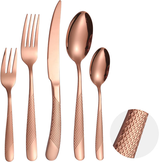 Hammered Flatware Set Copper/Rose Gold Silverware 20 Piece Stainless Steel Service for 4 Forks Knives Spoons Heavy Thickened Handle Elegant Modern Design Kitchen Use Festival Parties…
