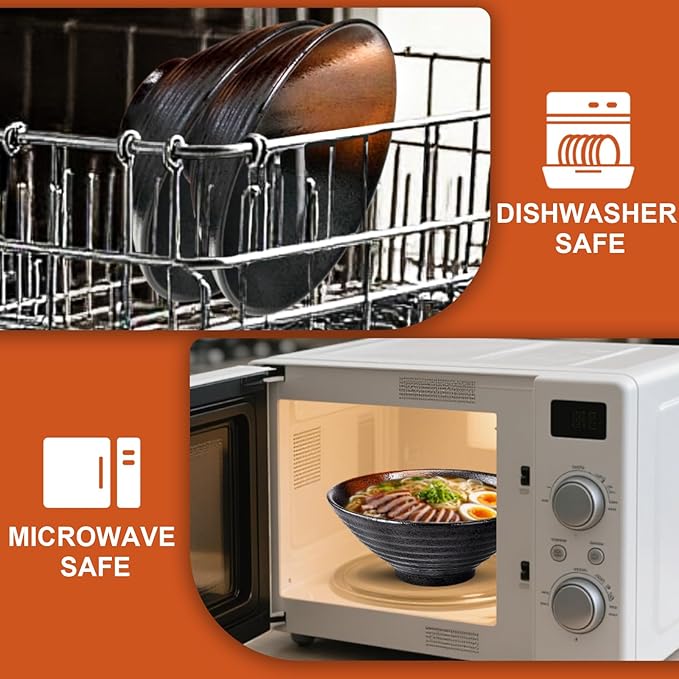 9.4Inch Ceramic Ramen Bowl Set of 4 (17 Piece) - Porcelain Japanese Salad Noodles Cereal Fruit Pasta Soup Large Bowls with Recipes Chopsticks Forks Spoons for Men Women Gift Microwave Dishwasher Safe