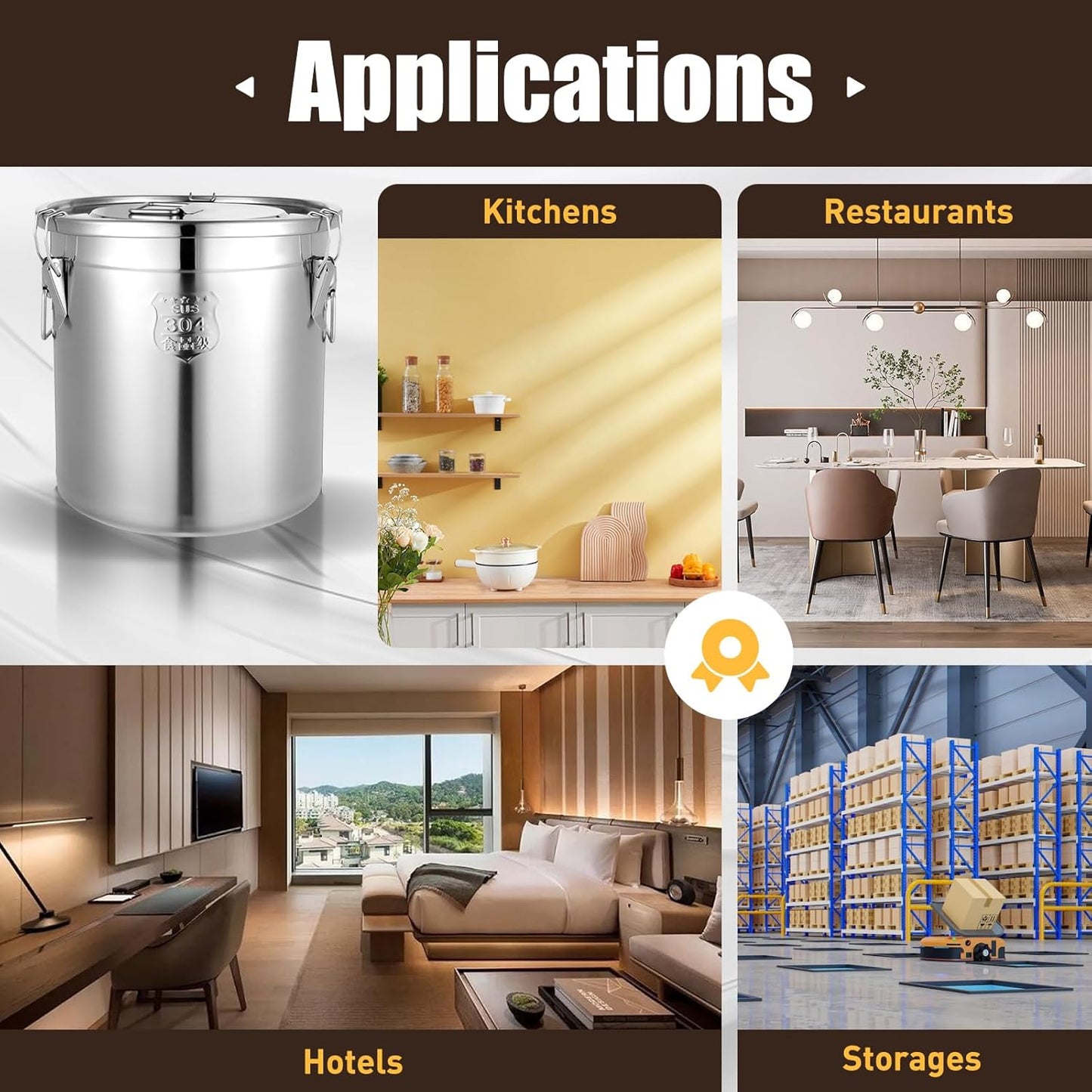 33L Stainless Steel Storage Bucket, Food Storage Containers With Lids and Sturdy Locking Clamp, 10-21lbs Metal Storage Bucket for Rice, Flour, Grain, Coffee Bean(33L)