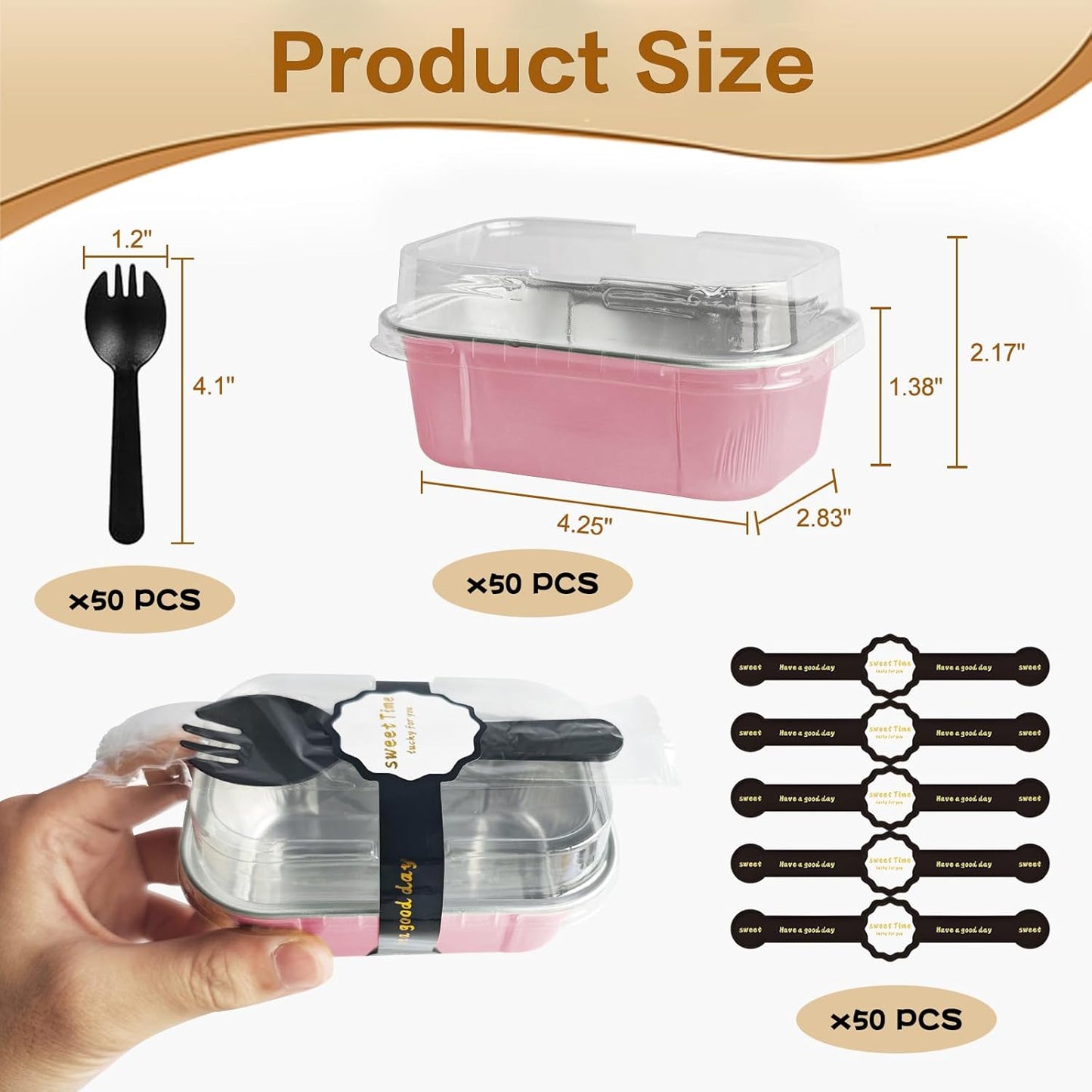 mini loaf pans with lids and spoons 50 Pack,5.5 oz Rectangle mini individual cake tins Disposable Small Aluminum Foil Baking pans(50, Pink)