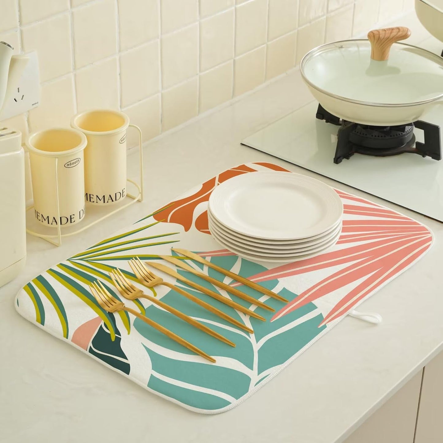 Summer Palm Leaf Dish Drying Mat 18 x 24 inch, Green Coral Tropical Leaf Decorative Drying Mats Microfiber Absorbent Dish Washable Draining Mat for Kitchen Counter Decor