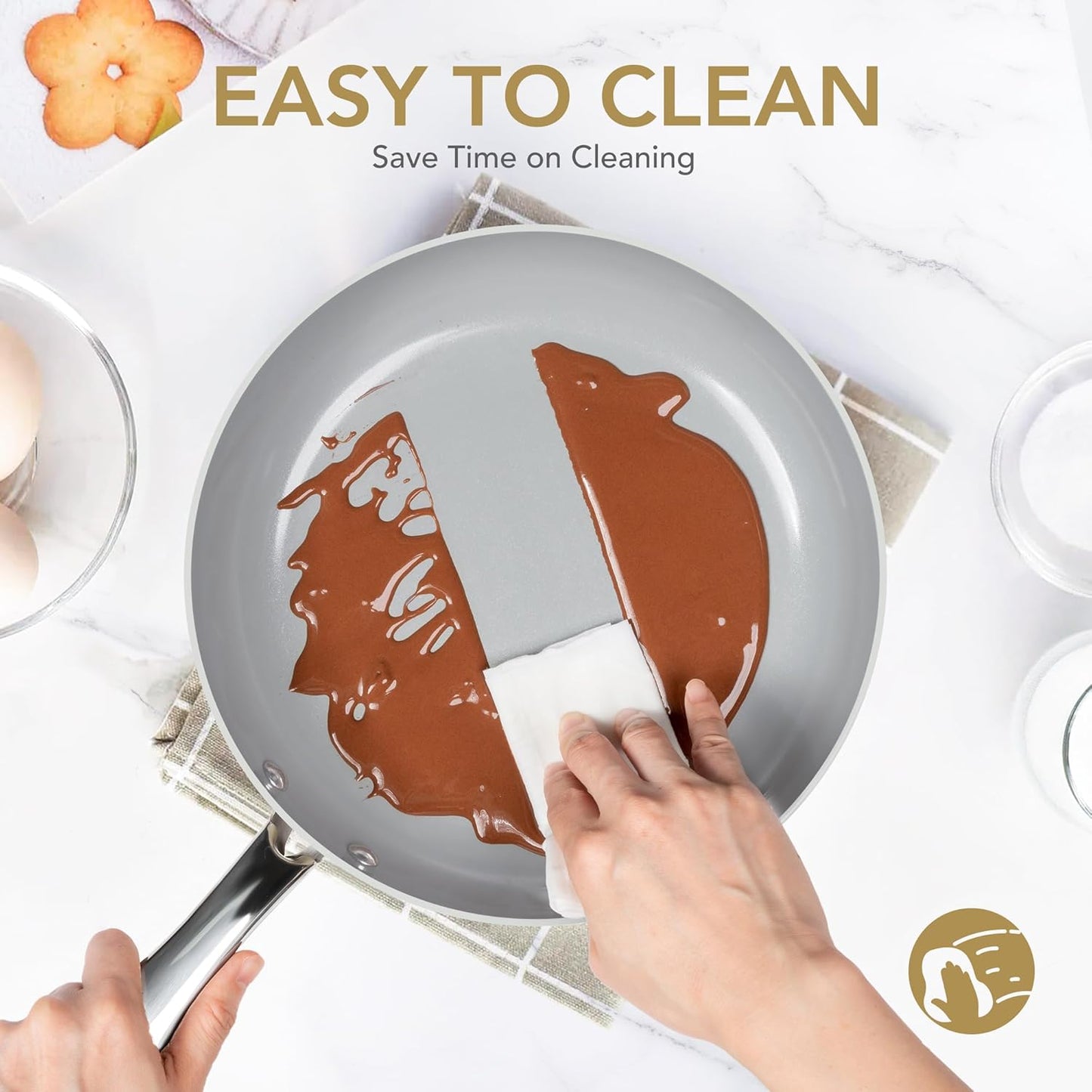 MICHELANGELO Frying Pans Nonstick with Lid - 8 Inch Small Frying Pan, Non Toxic Ceramic Pan with Lid, Non Stick Small Skillet for All Stovetops, Beige