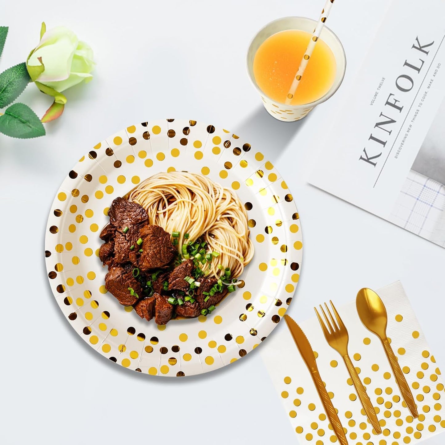 Paper Plates and Napkins Set, 193 Pieces White Gold Party Supplies Includes Paper Plates Cups Napkins Straws and Cutlery for Birthday Wedding Holidays Parties Decorations-24 Guests