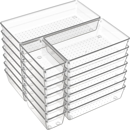 Criusia 21 Pack Large Clear Plastic Drawer Organizer Trays | BPA-Free Acrylic Organizer Bins for Large Kitchen Utensils, Bathroom, Makeup, Jewelries, Office Desk, School Supplies, Perfume