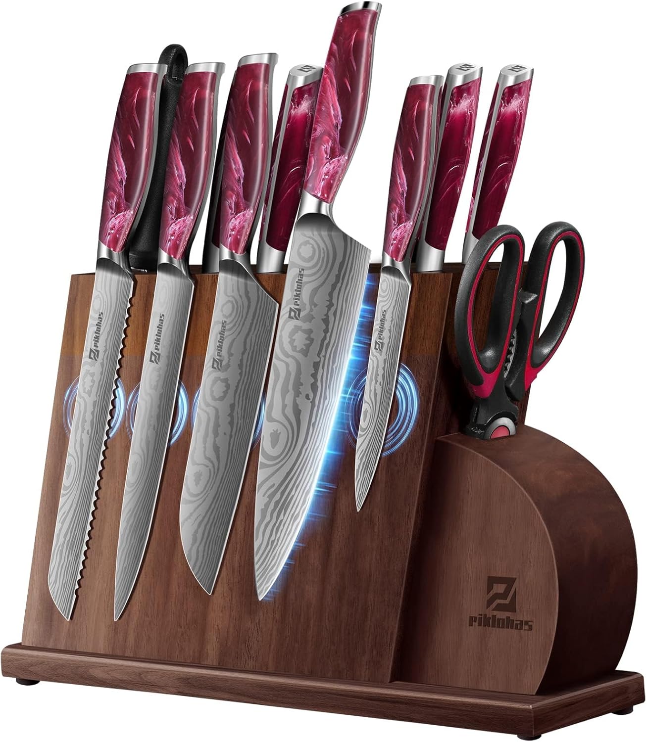 14 Pcs Knives Set for Kitchen with Magnetic Block and Sharpener, Kitchen Knives Sets Sharp High Carbon Stainless Steel Damascus Pattern with Anti-slip Ergonomic Handle Red