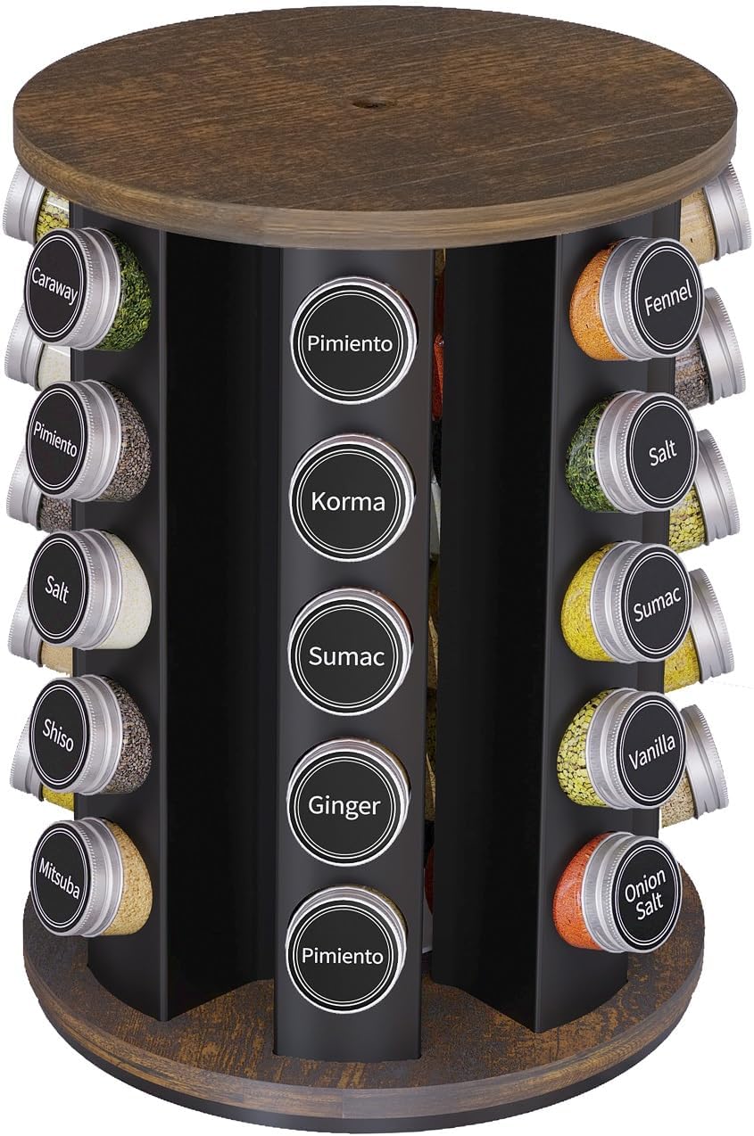 New England Stories Revolving Spice Rack Set with 35 Spice Jars, Kitchen Spice Tower Organizer for Countertop or Cabinet - Carousel Storage Includes 386 Spice Labels