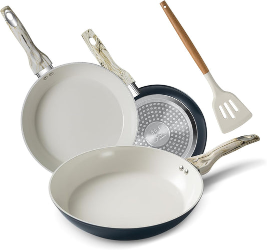 Joware Nonstick Frying Pans Set, 8" 9.5" 11" Ceramic Frying Pan Set, Ceramic Pan Skillet with Stay Cool Handle, Non Toxic Pans for Cooking & Dishwasher Safe, Blue & White, PFAS & PTFE & PFOA Free