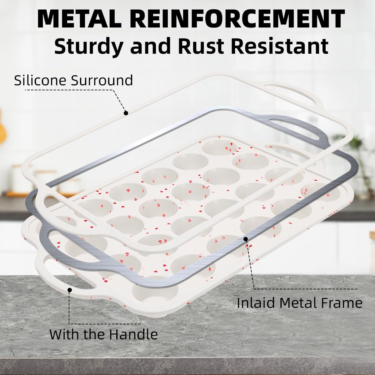Mini Muffin Pan, Metal Reinforced Frame Mini Cupcake Pans 24 Cups Nonstick Muffin Silicone Molds with Handle for Baking Muffins, Cupcakes, Egg Bites 2 Pack Heart-Shaped