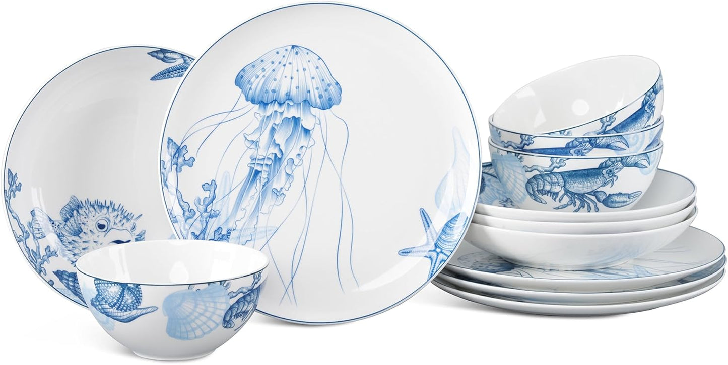 Minh Long 12-PCS Porcelain Coastal Dinnerware Set, Plates, Bowls, Service for 4, Chip & Scratch Resistant, Oven Safe up to 482°F, Non toxic, Lead & Cadmium Free, Stackable, Dishwasher & Microwave Safe