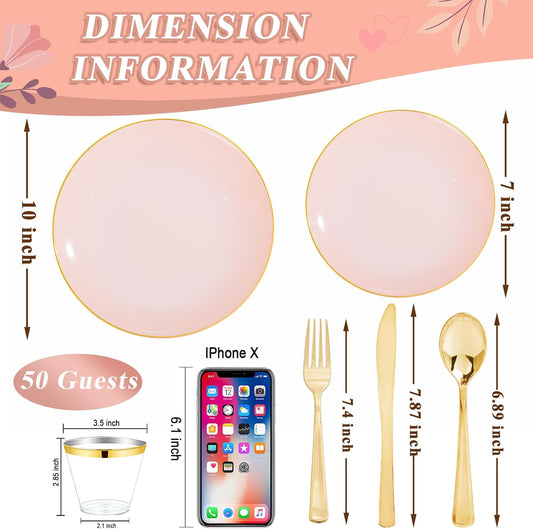 WDF 300Pcs Pink Plates Disposable - Pink and Gold Plastic Dinnerware Set for 50 Guests Include 50 Dinner & Cake Plates, 50 Disposable Cutlery, 50 9oz Cups for Wedding & Party & Baby Shower