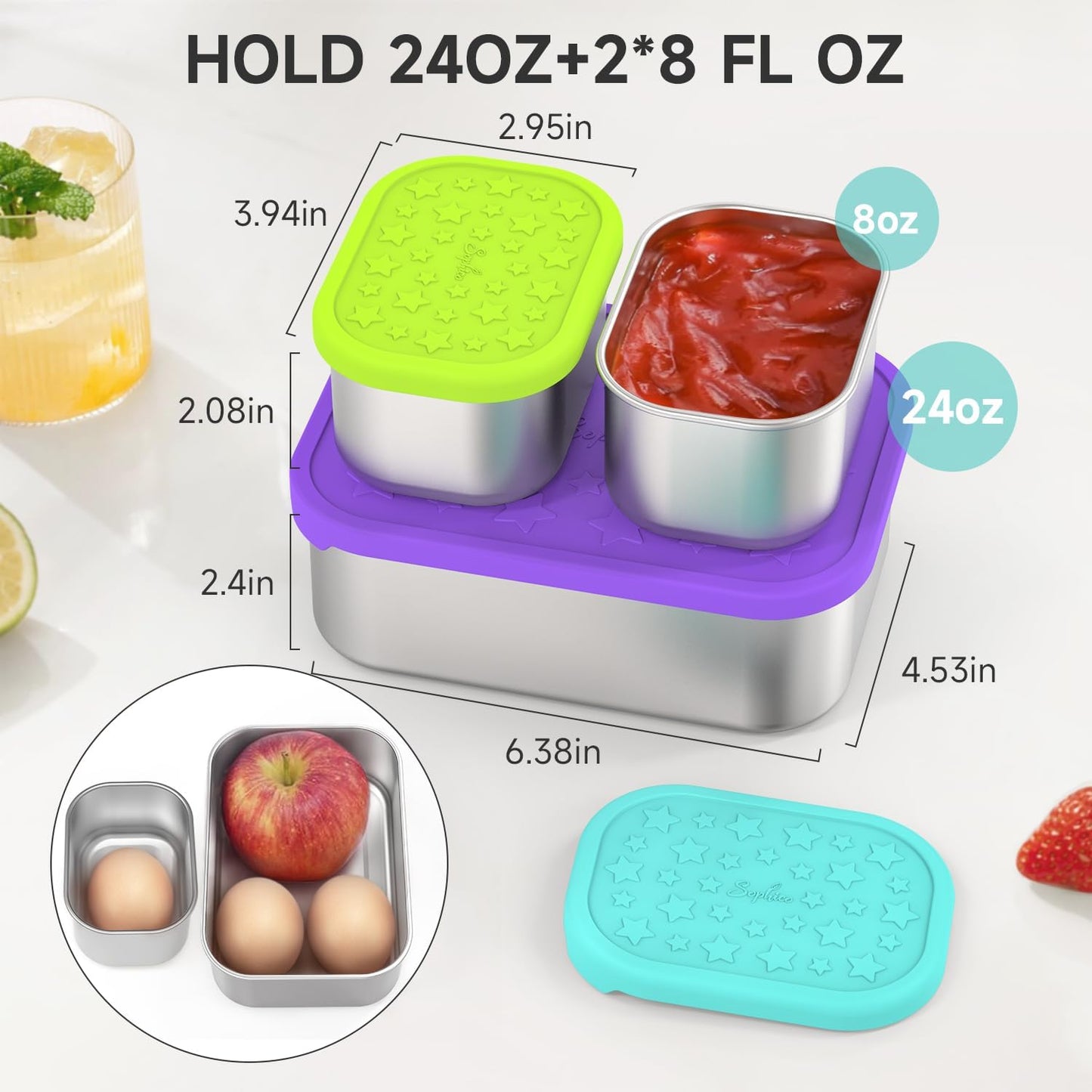 SOPHICO Stainless Steel 24 OZ Snack Containers for Kids，Food Storage Container with Silicone Lid - Perfect 304 Metal Toddler Lunch Box for Daycare and School, Leak Proof （Purple）