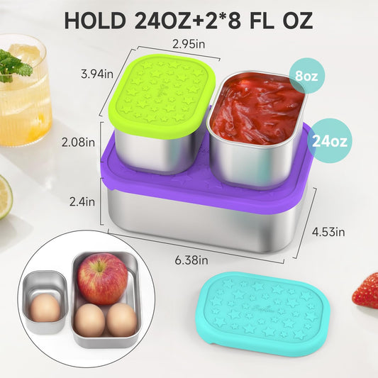 SOPHICO Stainless Steel 24 OZ Snack Containers for Kids，Food Storage Container with Silicone Lid - Perfect 304 Metal Toddler Lunch Box for Daycare and School, Leak Proof （Purple）