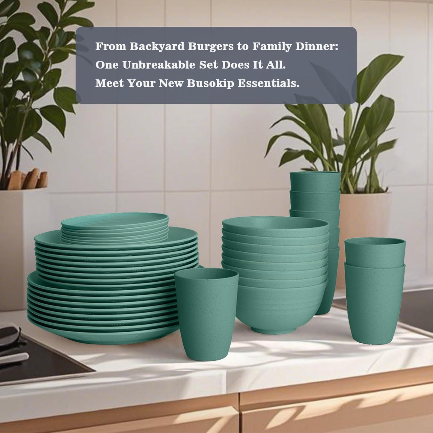 Dinnerware Sets 40 PCS Wheat Straw Plates and Bowls Sets With Cups | Service for 8 | Alternatives to Plastic Dinnerware Set Microwave Safe Dishese Set for RV Outdoor Activities Travel - Green