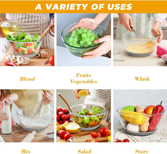 Glass Mixing Bowls HEAVY DUTY Top Choice for High-end Kitchens Extra-thick Glass Mixing Bowl Set of 3 with BPA-Free Airtight Lids Large Nesting Bowls with Non-Slip Silicone Base Well-made