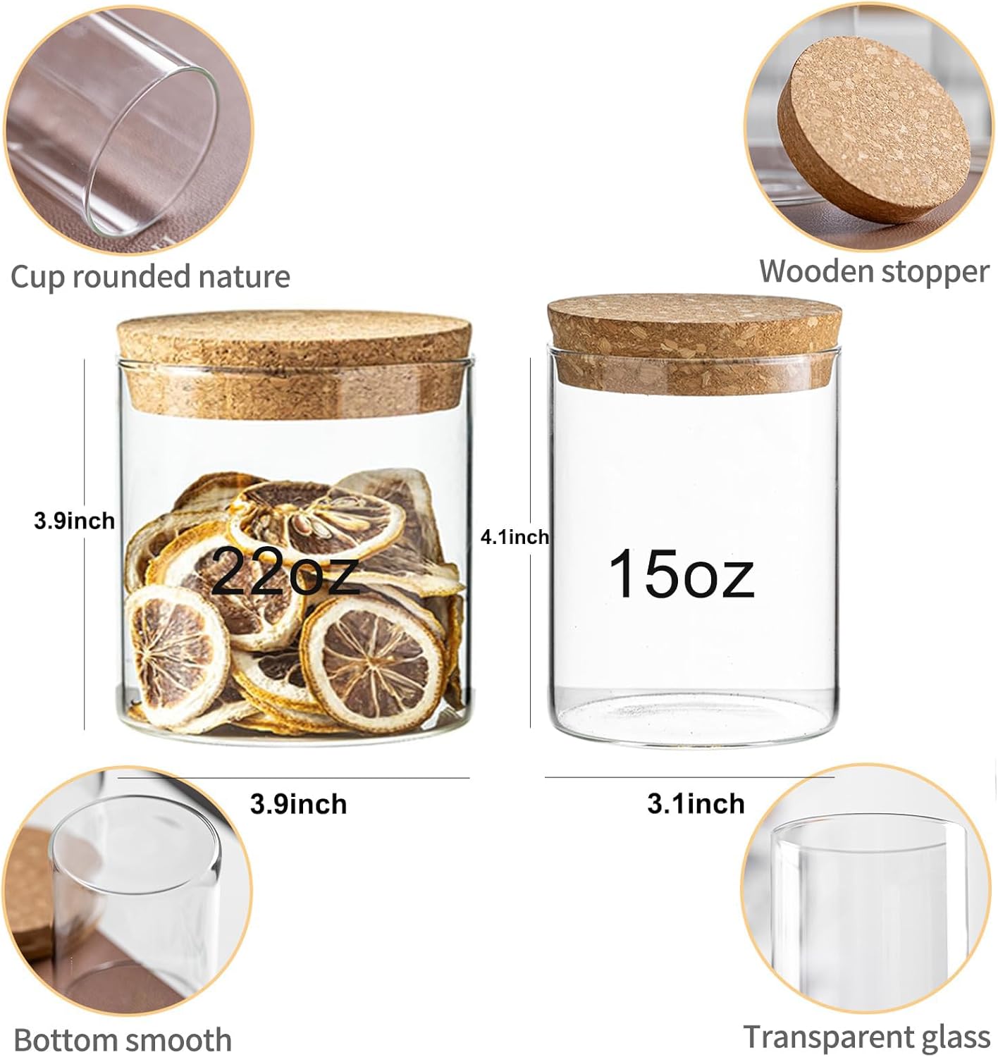 Airtight Glass Jars with Cork Lids - 2 Sizes Glass Storage Containers, Food Storage Jars for Coffee, Tea, Spices, Flour, Snacks, Cereal, Dry Goods - Clear Canisters for Countertop or Cabinet(4)